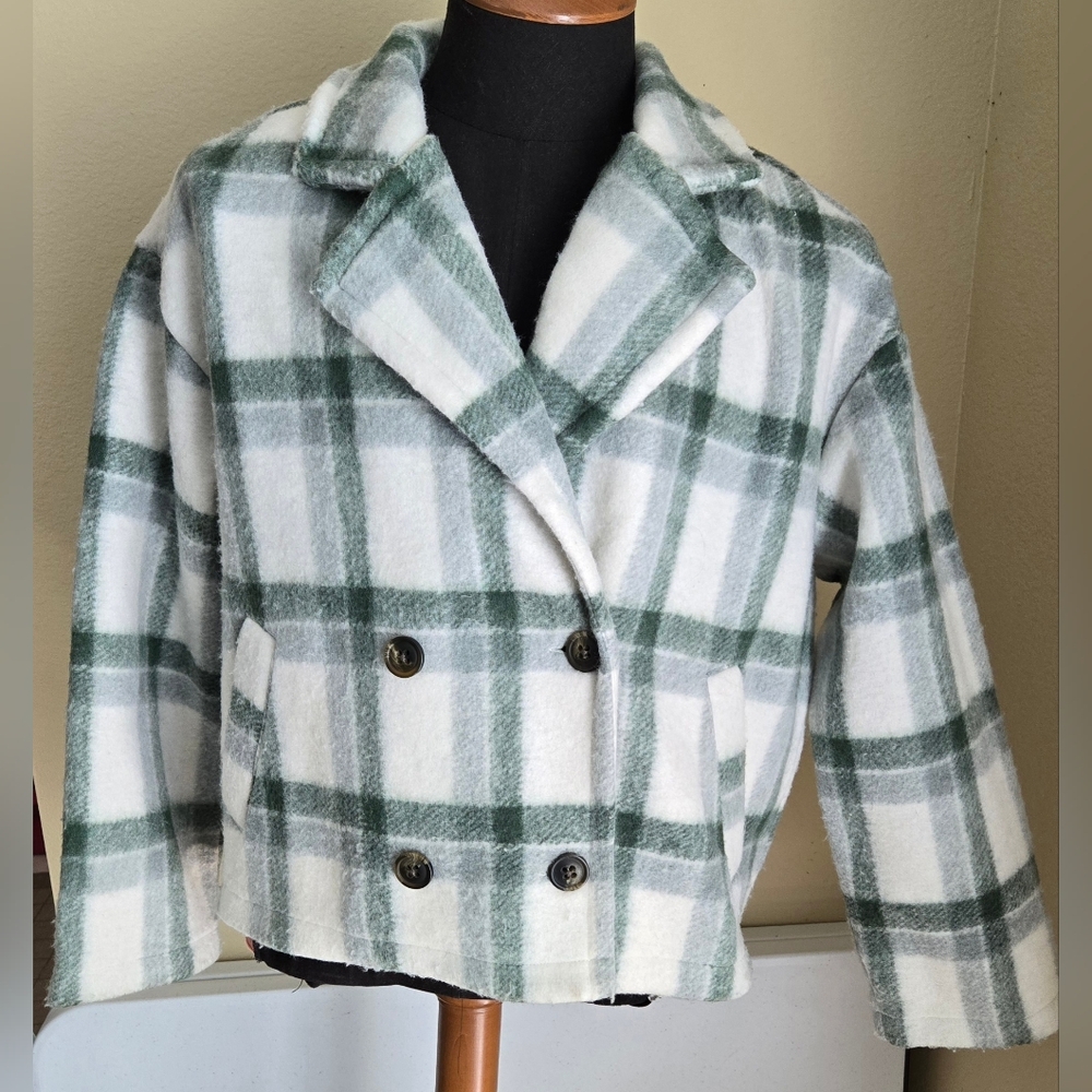 Madewell Deep Forest Plaid Jacquard Double-Breasted Crop Jacket Coat EUC Wmn SzM